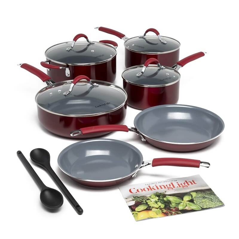 Cooking Light Allure Non-Stick Ceramic Cookware with Silicone Stay Cool Handle, 12 Piece Set, Red