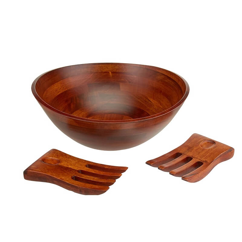 Cherry Finished Wavy Rim Serving Bowl with 2 Salad Hands