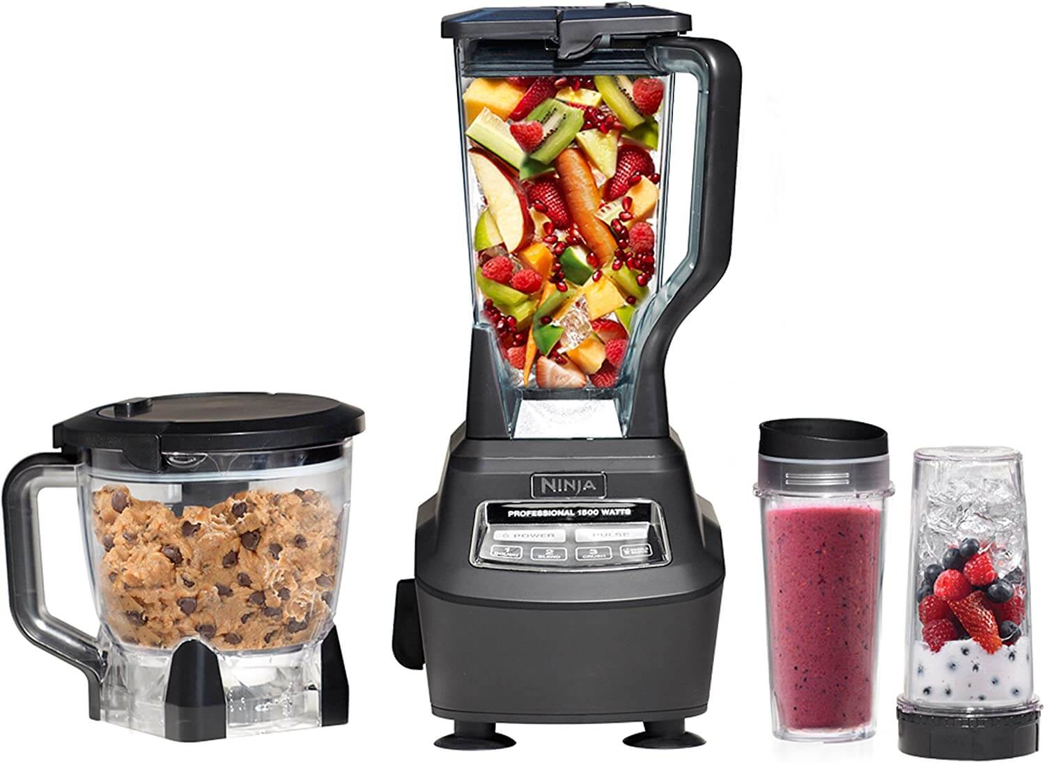 Blender Pitcher 1500W, 4 Functions for Smoothies, Processing, Dough, Drinks & More, with 72-oz.*, 64-oz. Processor Bowl, (2) 16-oz. To-Go Cups & (2) Lids, Black