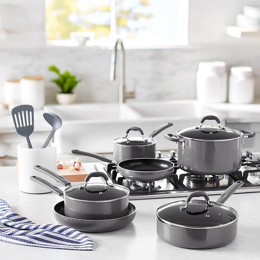 Ceramic Non-Stick 12-Piece Cookware Set, Grey - Pots, Pans and Utensils