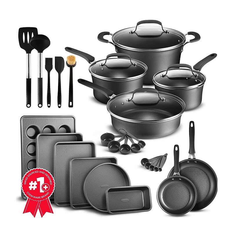 Cookware Set - 23 Piece -Black Multi-Sized Cooking Pots with Lids, Skillet Fry Pans and Bakeware - Reinforced Pressed Aluminum Metal