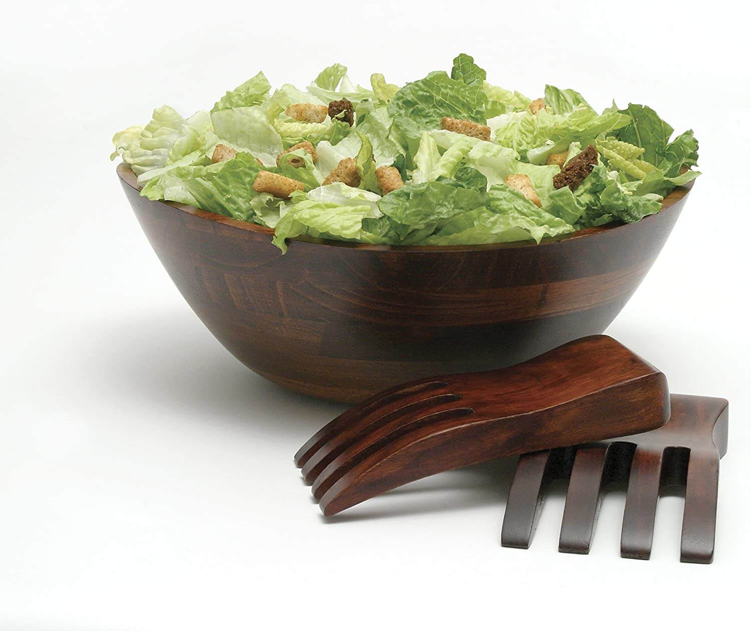 Cherry Finished Wavy Rim Serving Bowl with 2 Salad Hands