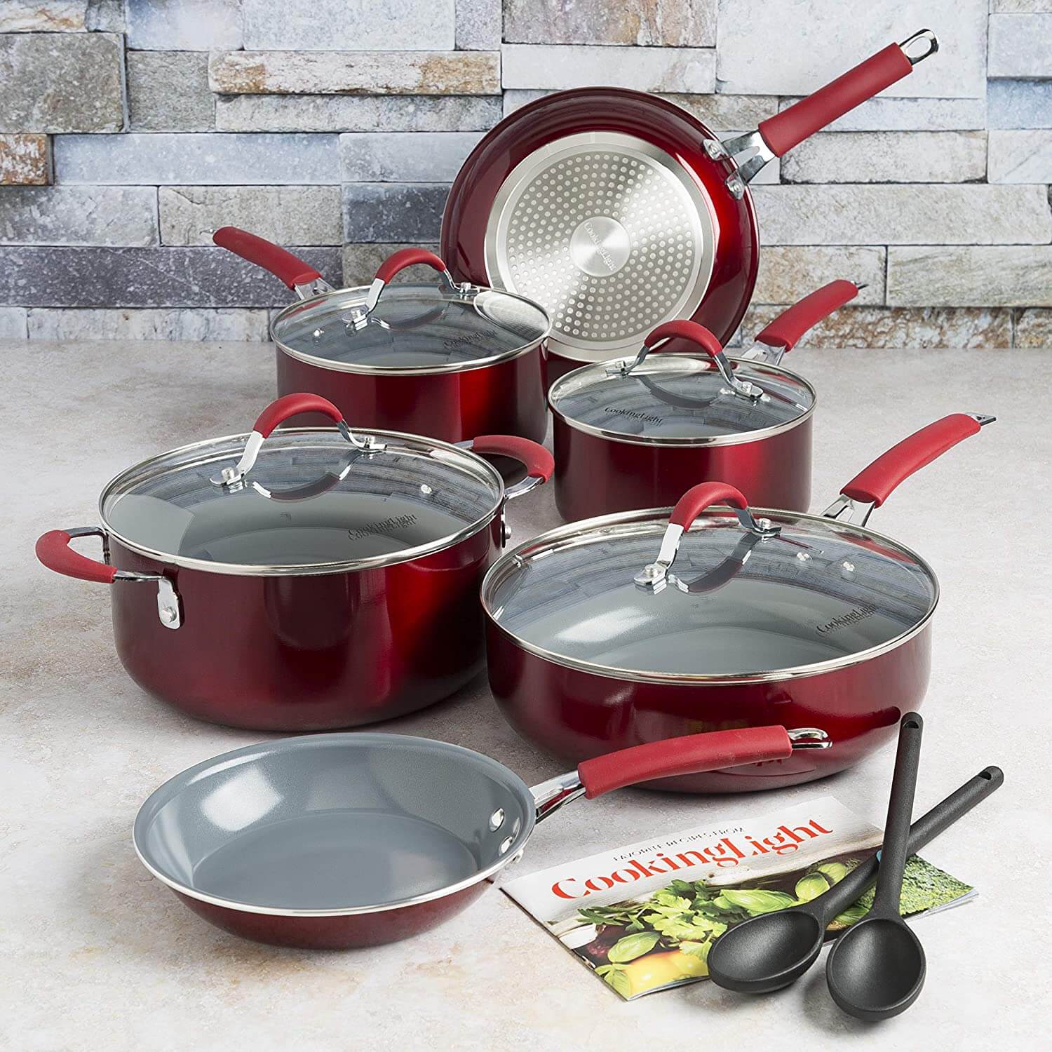 Cooking Light Allure Non-Stick Ceramic Cookware with Silicone Stay Cool Handle, 12 Piece Set, Red