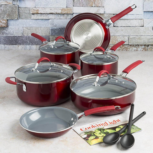 Cooking Light Allure Non-Stick Ceramic Cookware with Silicone Stay Cool Handle, 12 Piece Set, Red